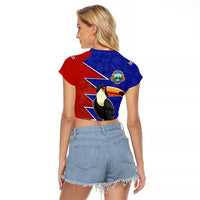 Costa Rica Toucan Raglan Cropped T Shirt Red and Blue with National Seal and Tropical Bird Graphic - Wonder Print Shop
