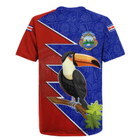 Costa Rica Toucan Rugby Jersey Red and Blue with National Seal and Tropical Bird Graphic - Wonder Print Shop