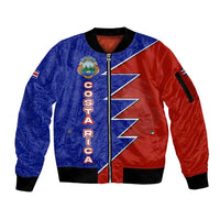 Costa Rica Toucan Sleeve Zip Bomber Jacket Red and Blue with National Seal and Tropical Bird Graphic - Wonder Print Shop