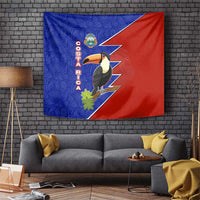 Costa Rica Toucan Tapestry Red and Blue with National Seal and Tropical Bird Graphic - Wonder Print Shop