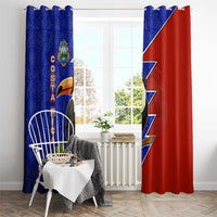 Costa Rica Toucan Window Curtain Red and Blue with National Seal and Tropical Bird Graphic - Wonder Print Shop