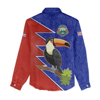 Costa Rica Toucan Women Casual Shirt Red and Blue with National Seal and Tropical Bird Graphic - Wonder Print Shop
