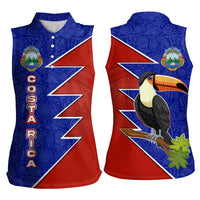 Costa Rica Toucan Women Sleeveless Polo Shirt Red and Blue with National Seal and Tropical Bird Graphic - Wonder Print Shop
