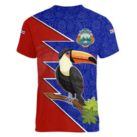 Costa Rica Toucan Women V-Neck T-Shirt Red and Blue with National Seal and Tropical Bird Graphic - Wonder Print Shop