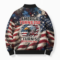 America Turns 250 Happy 50th Birthday Bomber Puffer Jacket Patriotic Eagle US Flag Distressed Splatter