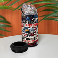 America Turns 250 Happy 50th Birthday 4 in 1 Can Cooler Tumbler Patriotic Eagle US Flag Distressed Splatter