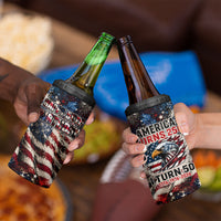 America Turns 250 Happy 50th Birthday 4 in 1 Can Cooler Tumbler Patriotic Eagle US Flag Distressed Splatter