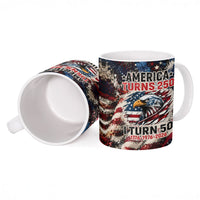 America Turns 250 Happy 50th Birthday Ceramic Mug Patriotic Eagle US Flag Distressed Splatter