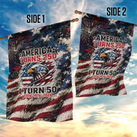 America Turns 250 Happy 50th Birthday Garden Flag Patriotic Eagle US Flag Distressed Splatter