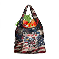 America Turns 250 Happy 50th Birthday Grocery Bag Patriotic Eagle US Flag Distressed Splatter