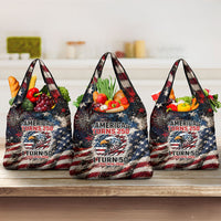 America Turns 250 Happy 50th Birthday Grocery Bag Patriotic Eagle US Flag Distressed Splatter
