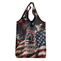 America Turns 250 Happy 50th Birthday Grocery Bag Patriotic Eagle US Flag Distressed Splatter