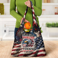 America Turns 250 Happy 50th Birthday Grocery Bag Patriotic Eagle US Flag Distressed Splatter