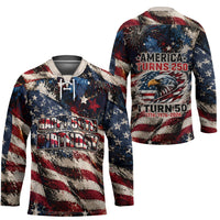 America Turns 250 Happy 50th Birthday Hockey Jersey Patriotic Eagle US Flag Distressed Splatter