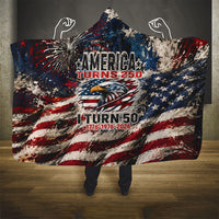America Turns 250 Happy 50th Birthday Hooded Blanket Patriotic Eagle US Flag Distressed Splatter