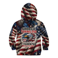 America Turns 250 Happy 50th Birthday Kid Hoodie Patriotic Eagle US Flag Distressed Splatter