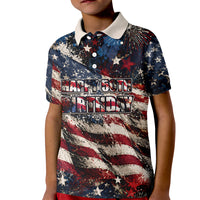 America Turns 250 Happy 50th Birthday Kid Polo Shirt Patriotic Eagle US Flag Distressed Splatter