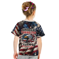 America Turns 250 Happy 50th Birthday Kid T Shirt Patriotic Eagle US Flag Distressed Splatter