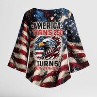 America Turns 250 Happy 50th Birthday Kimono Sleeve Blouse Patriotic Eagle US Flag Distressed Splatter