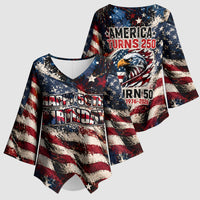 America Turns 250 Happy 50th Birthday Kimono Sleeve Blouse Patriotic Eagle US Flag Distressed Splatter
