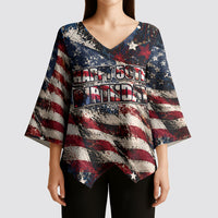 America Turns 250 Happy 50th Birthday Kimono Sleeve Blouse Patriotic Eagle US Flag Distressed Splatter