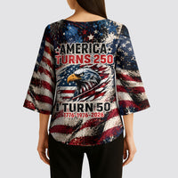 America Turns 250 Happy 50th Birthday Kimono Sleeve Blouse Patriotic Eagle US Flag Distressed Splatter