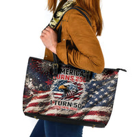 America Turns 250 Happy 50th Birthday Leather Tote Bag Patriotic Eagle US Flag Distressed Splatter