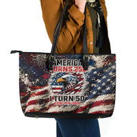America Turns 250 Happy 50th Birthday Leather Tote Bag Patriotic Eagle US Flag Distressed Splatter