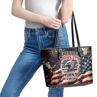 America Turns 250 Happy 50th Birthday Leather Tote Bag Patriotic Eagle US Flag Distressed Splatter