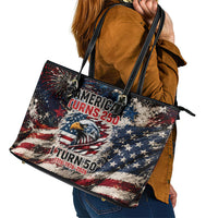 America Turns 250 Happy 50th Birthday Leather Tote Bag Patriotic Eagle US Flag Distressed Splatter
