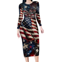 America Turns 250 Happy 50th Birthday Long Sleeve Bodycon Dress Patriotic Eagle US Flag Distressed Splatter