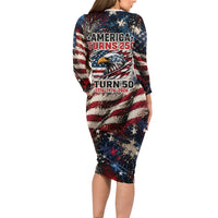America Turns 250 Happy 50th Birthday Long Sleeve Bodycon Dress Patriotic Eagle US Flag Distressed Splatter