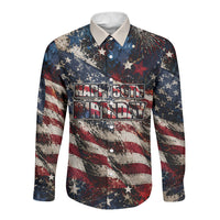 America Turns 250 Happy 50th Birthday Long Sleeve Button Shirt Patriotic Eagle US Flag Distressed Splatter