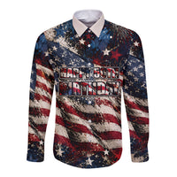 America Turns 250 Happy 50th Birthday Long Sleeve Button Shirt Patriotic Eagle US Flag Distressed Splatter