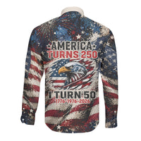 America Turns 250 Happy 50th Birthday Long Sleeve Button Shirt Patriotic Eagle US Flag Distressed Splatter