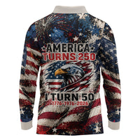 America Turns 250 Happy 50th Birthday Long Sleeve Polo Shirt Patriotic Eagle US Flag Distressed Splatter