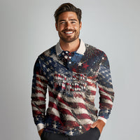 America Turns 250 Happy 50th Birthday Long Sleeve Polo Shirt Patriotic Eagle US Flag Distressed Splatter