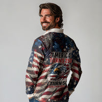 America Turns 250 Happy 50th Birthday Long Sleeve Polo Shirt Patriotic Eagle US Flag Distressed Splatter