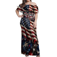 America Turns 250 Happy 50th Birthday Off Shoulder Maxi Dress Patriotic Eagle US Flag Distressed Splatter