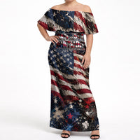 America Turns 250 Happy 50th Birthday Off Shoulder Maxi Dress Patriotic Eagle US Flag Distressed Splatter