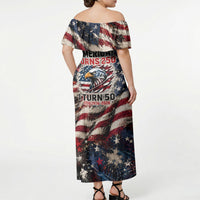 America Turns 250 Happy 50th Birthday Off Shoulder Maxi Dress Patriotic Eagle US Flag Distressed Splatter