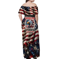 America Turns 250 Happy 50th Birthday Off Shoulder Maxi Dress Patriotic Eagle US Flag Distressed Splatter