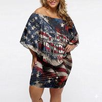 America Turns 250 Happy 50th Birthday Off Shoulder Short Dress Patriotic Eagle US Flag Distressed Splatter