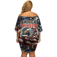 America Turns 250 Happy 50th Birthday Off Shoulder Short Dress Patriotic Eagle US Flag Distressed Splatter