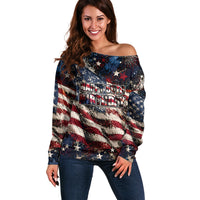 America Turns 250 Happy 50th Birthday Off Shoulder Sweater Patriotic Eagle US Flag Distressed Splatter