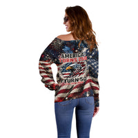 America Turns 250 Happy 50th Birthday Off Shoulder Sweater Patriotic Eagle US Flag Distressed Splatter