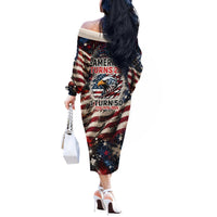 America Turns 250 Happy 50th Birthday Off The Shoulder Long Sleeve Dress Patriotic Eagle US Flag Distressed Splatter