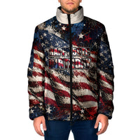 America Turns 250 Happy 50th Birthday Padded Jacket Patriotic Eagle US Flag Distressed Splatter