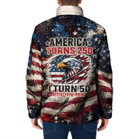America Turns 250 Happy 50th Birthday Padded Jacket Patriotic Eagle US Flag Distressed Splatter
