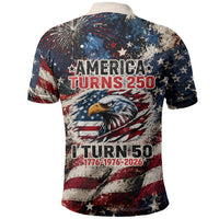 America Turns 250 Happy 50th Birthday Polo Shirt Patriotic Eagle US Flag Distressed Splatter